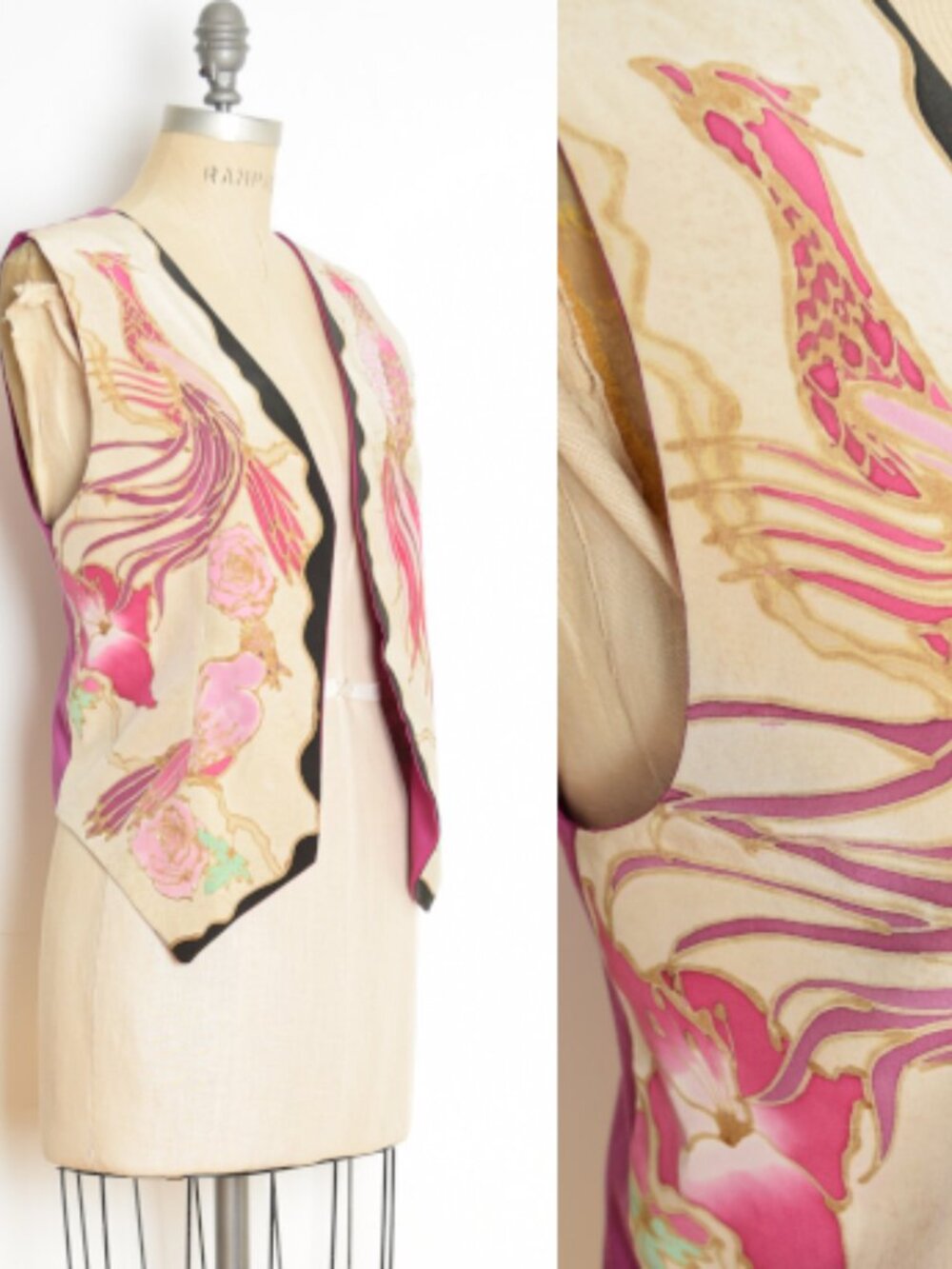 vintage 90s vest top silk Thierry Roger batik hand painted bird print pink M